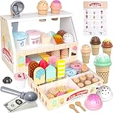 Heladería Juguetes de Madera para niños de 3 4 5 6 años niños niñas, Accesorios de Cocina para niños, Tienda de Compras, Accesorios de Cocina de Juego de Madera, heladería Regalos de Madera