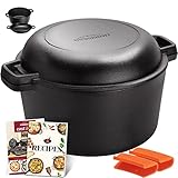 Overmont Olla Holandesa 4.73 L/ 5 Quart Cacerola de Hierro Fundido Tapa de Doble Función Sartén Plancha Pre Sazonado con Cubiertas de Manijas para Camping Cocina Casera Barbacoa Hornear