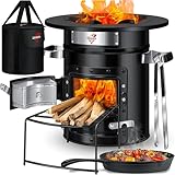 KESSER® Horno de cohetes con sartén de hierro fundido con bolsa de transporte, horno holandés para barbacoa, cohete de leña, camping, barbacoa, de acero inoxidable