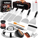 Grilliance 27PCS Juego de Espátulas Plancha Parrilla Accesorios para Hombres, Teppanyaki Set Utensilios Barbacoa Acero INOX, Profesional Hibachi Smash Burger Kit Regalo con Prensa de Hamburguesa