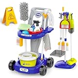 deAO Carrito Limpieza Juguete con Aspiradora con Succión, Trapo, Atomizador, Limpiador, Cepillo, Recogedor, Escoba, Cartel, Cubo, Fregona, Juguetes para el Hogar para Niños a Partir de 3 Años, Blau