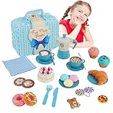 Cocina Juguete,Accesorios Cocina Juguetes con Manta de Picnic, Cafetera, Tartas y Postres Cortables,Cocina Exterior Niños Utensilios Cocina Juguete,Cesta Picnic Juguete Niños 3 4 5 Años (Azul)