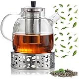 Tetera de 1,5 L con colador y tapa, tetera de vidrio borosilicato, tetera de cristal con filtro extraíble y calientaplatos, tetera de cristal para té suelto, infusiones, té de frutas, té perfumado