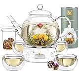 Teabloom Juego de Té Completo - Tetera de Cristal para Hornillo (1,2 litros) con Infusor para Té de Hoja, 4 Tazas de Té de Cristal con Aislamiento, Calentador y 12 Tés en Flor