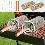 Cesta Rodante para Parrilla,Acero Inoxidable 304 Mango de Madera Extraíble Accesorios Barbacoa,Adecuado para Barbacoas de Verduras y carne, Cocina al Aire Libre Cestas para Parrilla（2 Piezas）