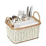 HEMOTON Organizador de cubiertos de ratán, cesta de cubiertos trenzada para mesa, organizador de cubiertos y utensilios, con asas y 4 compartimentos, para cocina, comedor, jardín o picnic