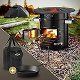 BBQ#BOSS Horno de Cohetes Barbacoa Holandesa Parrilla Negra con Sartén de Hierro Fundido Estufa Portátil de Acero para Camping con Bolsa de Transporte y Soporte para Leña Cocina al Aire Libre