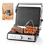 Aigostar Grill, Parrilla Eléctrica, Panini, Tostadora, Sandwichera con Sonda de Alimentos. Placas antiadherentes extraíbles, 2000W, control automático de temperatura, apertura plana de 180°, Max Pro