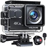 WOLFANG Cámara Deportiva GA100 4K 30FPS, Videocámara de Casco WiFi de 20MP con EIS Antivibración, Cámara Subacuática Buceo 40M con Micrófono Dual, Control Remoto, 2 Baterías, Varios Accesorios