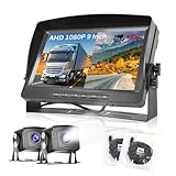 Kit de Cámara Marcha Atras DVR Monitor LCD 9 Pulgadas 2*AHD Camara Trasera Coche Grabación Video, Impermeable IP69/ Visión Nocturna Color/Cable de 2 x 10 m/ 12V-35V para Camion/Bus/Remolques/RV