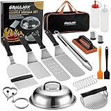 grilljoy Kit Accesorios Barbacoa Acero Inoxidable, Kit Smash Burger, Juego de Espátulas Plancha, Prensa Hamburguesas, 28 Utensilios Barbacoa para Plancha Grill, Teppanyaki Grill, Regalo para Hombres