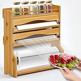 ARYANY - Dispensador de Papel Aluminio y Film con Cortador | Portarrollos de Cocina 4 en 1 con Estante para Especias | Organizador de Cocina de Bambú para Pared