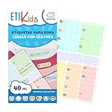 ETIKIDS 40 Etiquetas para ropa personalizables para la guardería y colegio. Pegatinas termoadhesivas con dibujos para escribir el nombre con bolígrafo resistentes a la lavadora y secadora. (Animales)