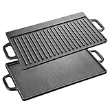 Velaze Placa de Hierro Fundido con Asas, Parrilla de Hierro Fundido de Doble Cara, para Barbacoa de Gas y Parrilla Eléctrica, Sartén para Barbacoa, Camping, Jardín – 42 x 23 cm