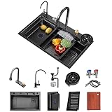 FIVIXIL Fregadero de cocina rainfall single groove fregadero con grifo de extracción, lavavajillas presurizado, tabla de cortar, cesta de drenaje, así como otros accesorios (80 * 45 * 21cm)