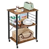 VASAGLE Estantería de Cocina con Ruedas, Carrito de Servicio de 3 Niveles, Estantería para Microondas, Horno, Tostadora, Marco de Metal con 6 Ganchos, Marrón Rústico y Negro KKS60XV1