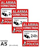 Pack de 3 Carteles Alarma Conectada | Placas Disuasorias A5 Interior/exterior Pvc Flexibles | Lote de 3 Carteles Aviso a la Policía | Zona Vigilada