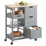 SoBuy FKW79-HG Carro de Almacenamiento Mueble Auxiliar Cocina Carrito de Servir con 3 Cajones 2 Estantes y 1 Bandeja Extraíble Gris ES