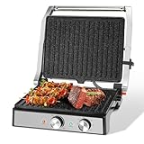 Aigostar Parrilla Eléctrica, Grill, Sandwicheras, Panini, 2000W. Revestimiento Antiadherente de Cerámica, Temporizador de 30min, Apertura 180º, Superficie 29 x 23 cm, Temperatura Regulable. Roast