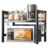 VIPNAJI Soporte Extensible para Microondas de 2 Niveles, Soporte para Microondas y Horno Cocina con 6 Ganchos, Soporte Microondas Extensible para Encimera de Cocina, 37-61 cm, Negro