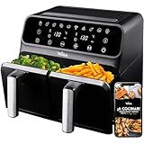 La Moustache - Freidora de Aire 8L, E-Book con más de 50 Recetas, Air Fryer 3-1 | 1700W, Táctil, 10 Modos, Cestas Independientes Antiadherentes, °C Regulables, Temporizador (DuoFry Black)