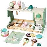 medoga Juguete de helado de madera, contador de helados 3 en 1 con cafetera, 28 piezas de accesorios de cocina para niños de 3, 4, 5, 6 años (helado)