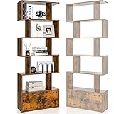 HOMASIS Librería en Forma de S de 6 Niveles con Puertas, estantería de Almacenamiento Que Ahorra Espacio, estantes Decorativos de Madera para salón, Dormitorio, Oficina, 70 x 23 x 183 cm (Marrón)