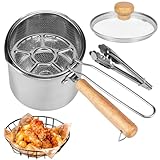 Freidora profunda con cesta coladora, tapa transparente, pinzas de alimentos y estante para fuego, sartén de acero inoxidable de 1,2 L con mango de madera, mini sartén para patatas fritas, pescado,