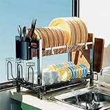 Yexati - Escurridor de platos de 2 niveles, escurridor de platos de gran capacidad, estante para platos de cocina con organizador de utensilios, escurridor de platos con soporte para tabla de cortar,
