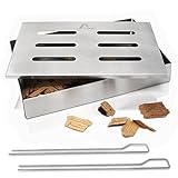 Amazy Caja ahumadora + 2 brochetas + 2 Tipos de virutas de Madera (Haya y Roble) – Caja de Ahumado para Carne o Pescado Apta para lavavajillas