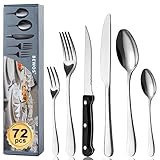 BEWOS Juego de cubiertos para 12 personas, cuberteria acero inoxidable de 72 piezas con cuchillos para carne, Cuchillo Cuchara Tenedor Cubiertos Set Espejo Pulido, Apto para Lavavajillas