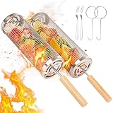 2 cestas de parrilla rodantes con mango de madera,Accesorios resistentes de acero inoxidable para asar verduras/camarones/carne,Herramientas de barbacoa para hombres para acampar al aire libre