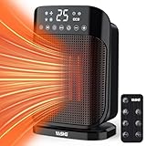 YASHE - Calefactor eléctrico de cerámica para el hogar, 1800 W, 2 configuraciones de calor, con control remoto, oscilación de 75°, modo ECO, temporizador de 24 horas, color negro