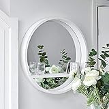 HomeZone® Estantería de Pared Flotante Retro de Madera Blanca con Espejo Redondo Ojo de Buey – Estantería de Pared de Madera para Interior de salón Estantes Espejo de baño, Dormitorio