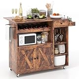 KOMFOTTEU Carrito de Cocina con Encimera Plegable, Isla de Cocina con Estante para 7 Botellas y Soporte para Copas, Carro Auxiliar con Ruedas, Toallero, Cajón y Especiero, Marrón