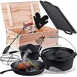 Juego de olla holandesa KESSER® en caja de madera con olla holandesa con muchos accesorios - hierro fundido - ya quemado con olla de cocción placa de parrilla sartén levantador de tapa