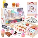 KIMIGO Heladeria Juguete,Juguete de Helado,Tienda de Helados con Conos,Tienda de Helados Accesorios de Cocina,Helados Madera Juguete Juego Educativos Regalo para Niñas Niños 3 4 5 6 años
