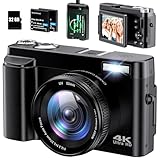 Cámara Digital 4K, 48MP 16X Zoom Camara de Fotos, Cámara Compacta con Enfoque Automático, Flash, Visión Nocturna, Cámara Fotográfica con Cargador de Cuna, 2 Baterías, 32GB Tarjeta para Principiantes