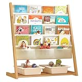 Uptyia Librería Infantil con 4 Estantes y Cesta de Almacenaje – Estantería para Libros de Niños, Diseño de Madera Natural, 69x33x78 cm, Organizador para Dormitorio o Sala de Juegos