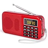 J-725C Radio FM portátil pequeña, Radio de batería Recargable Digital con Reloj Despertador, Linterna LED, Tiempo de reproducción ultralargo, Reproductor de MP3 AUX Micro-SD Pendrive, de PRUNUS(Rojo)