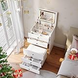 SONNI Tocador 3 en 1 con Espejo Abatible y LED, Mesa de Maquillaje con Tapa de Cristal Visible, 4 Cajones, Taburete de Almacenaje con 4 Ruedas Universales, Blanco, 60x45x83cm