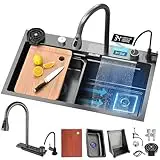 DSMRLEOP Fregadero de cocina con cascada negra, 85 x 45 cm, 1 cuenco, acero inoxidable, rectangular, sifón, rebosadero y desagüe, moderno y multifuncional, fregadero cascada con juego de accesorios