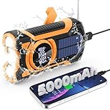 Cargador Solar para Movil, FM/Am Radio Portátil de Emergencia con Manivela y 5000mAh Powerbank y Altavoz Bluetooth Linterna LED y SOS Alarma IPX5 Impermeable Pare Radio de Camping al Aire Libre