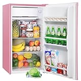 Upstreman BR321 - Refrigerador de 91 L con congelador y compartimento para verduras, termostato ajustable, mini nevera para dormitorio, oficina, dormitorio, rosa