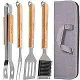 Kit de Utensilios 𝗲𝘀𝗲𝗻𝗰𝗶𝗮𝗹𝗲𝘀 de Acero y Madera para Barbacoa - 4 Piezas - Resistente al Calor y antióxido - con práctica Bolsa de Transporte