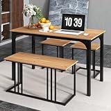GIANTEX Juego de Mesa de Comedor para 4 Personas, Mesa de Cocina 120 x 60 cm, con 1 Banco y 2 Taburetes, Estilo Industrial, Conjunto de Mesa de Comedor de Madera y Metal, para Comedor (Natural)
