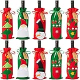 10 Bolsas Navideñas para Botellas de Vino| Fieltro Premium, Resistente, Reutilizable| Fundas para Botellas de Vino de Navidad para Fiestas, Decoración de Mesa, Regalos.