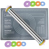 NEXROLA Rodillo Cocina de Acero Inoxidable, Rodillo de Amasar con 4 Discos Ajustables Anillo y marcaje de medición Mat, 42 * 6,5 cm, gris dunkelgrau, inkl. Silicone matte