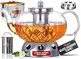 Pykal Tetera de Cristal con Infusor Extraíble - 1,18 L - Calentador con Velas Incluido - Teteras para Te de Hierbas También para Microondas