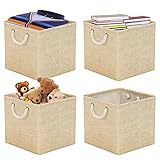 RIWNNI Juego de 4 Cajas Almacenaje, 33 x 33 x 33 cm, Cestas Organizadoras de Tela con Asas, Cubos de Almacenamiento Plegable para Ropa, Juguetes, Libros, Armario y Estanterías (Beige)